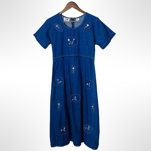 Vintage Blue Embroidered Denim Midi Dress Folk Cottage Medium - Picture 15 of 15